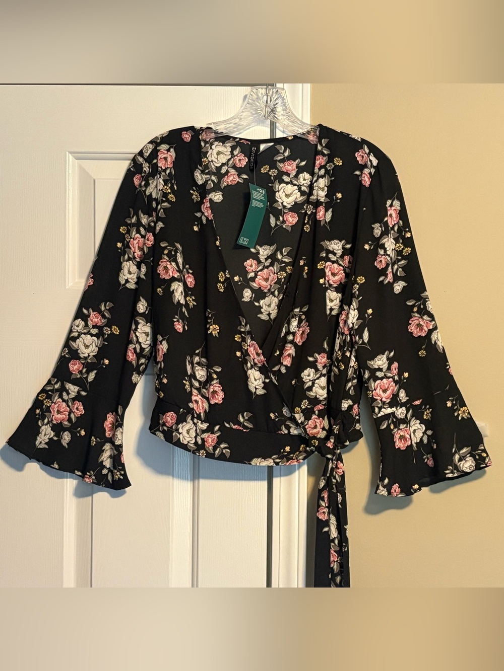 NWT H&M Black Floral Wrap Top with Pink & Cream Roses